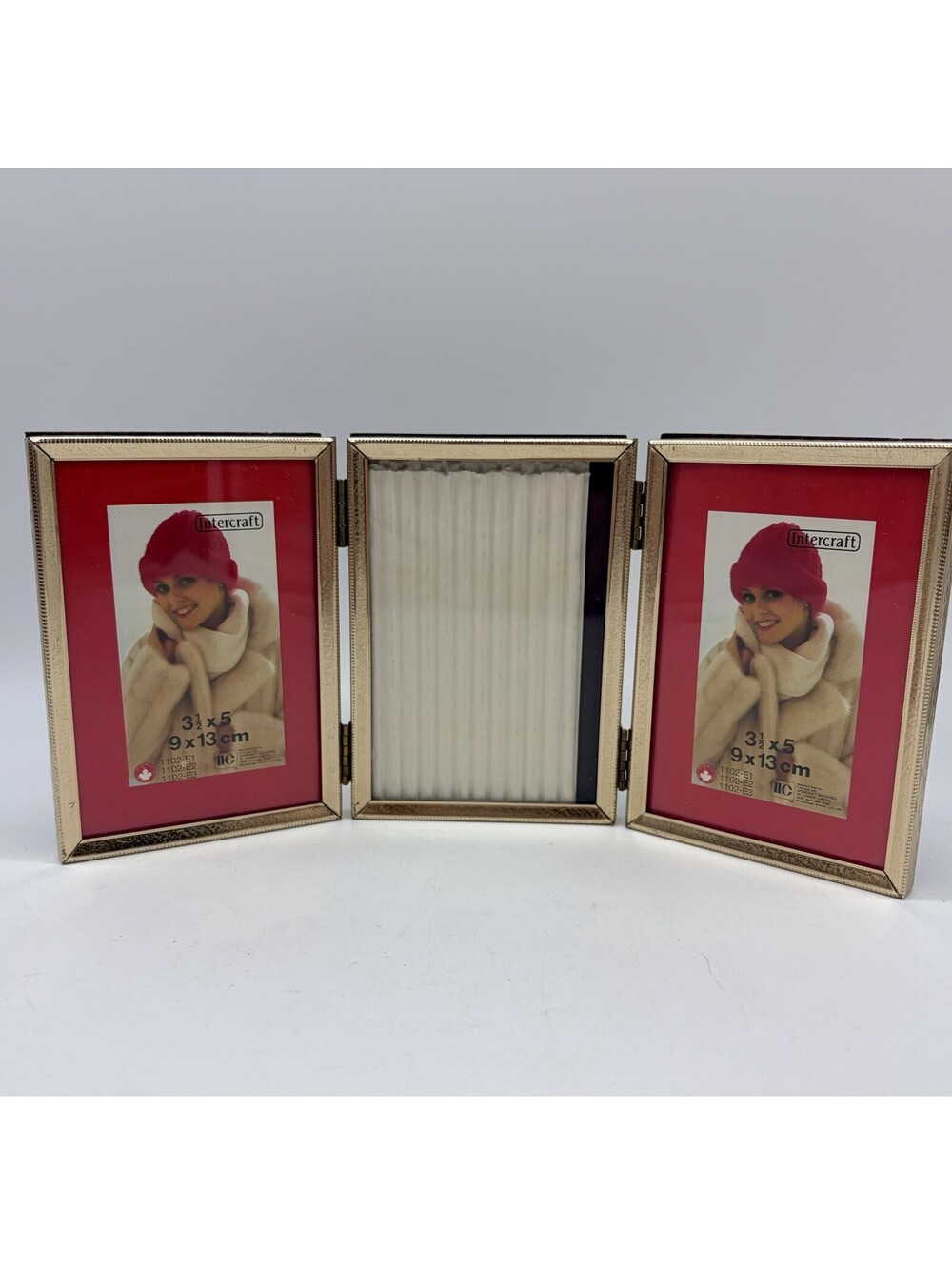 Vintage MCM Gold Tone Tri Fold Picture Frame Photo Triple Hinged Folding 3.5 X 5